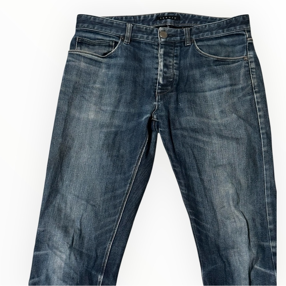 THEORY Dark Blue Distressed Straight Leg Jeans 31  Mid Rise Designer Luxury - Picture 3 of 6